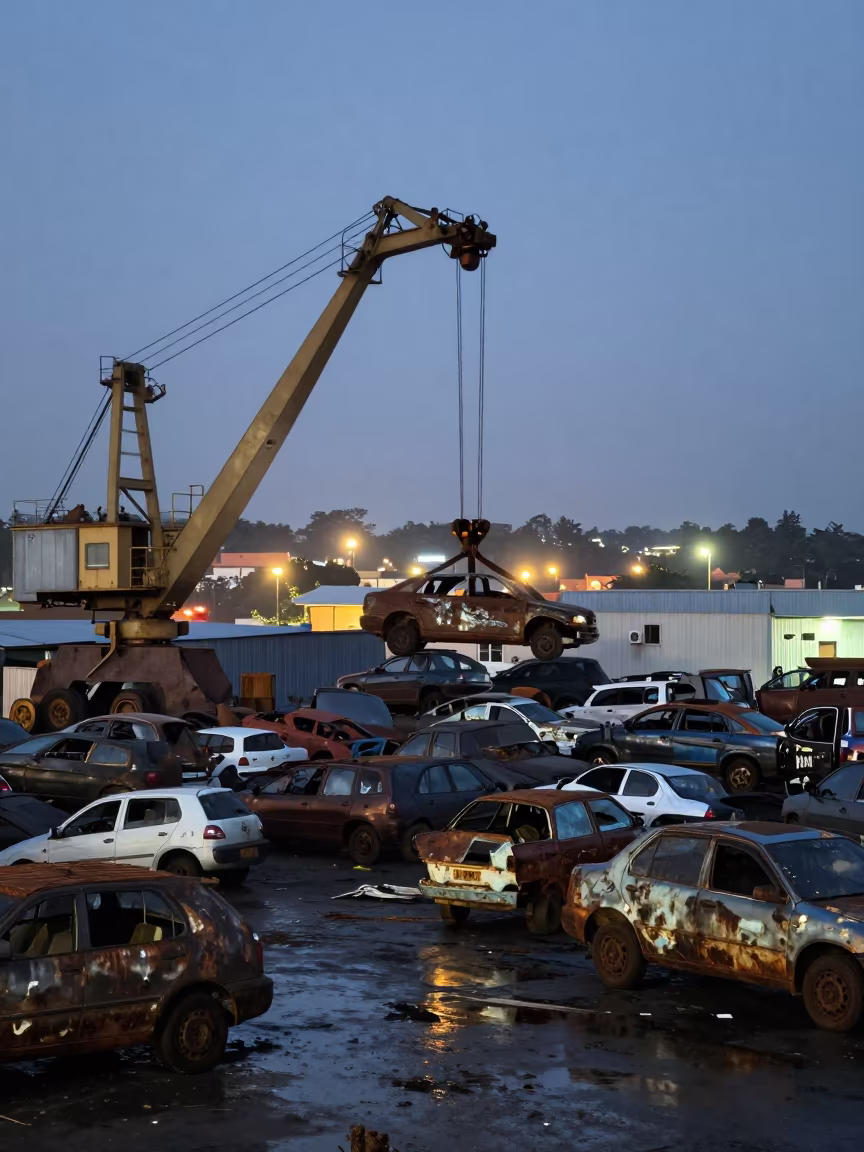 Magnetic Crane Lifting Crushed Cars at Twilight in across an active works site near Port Harcourt