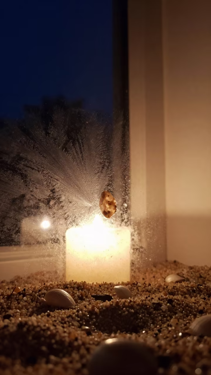 Magnified Autumn Sand Grain on Night Window in along a frost-edged windowpane near Surry Hills, Sydney