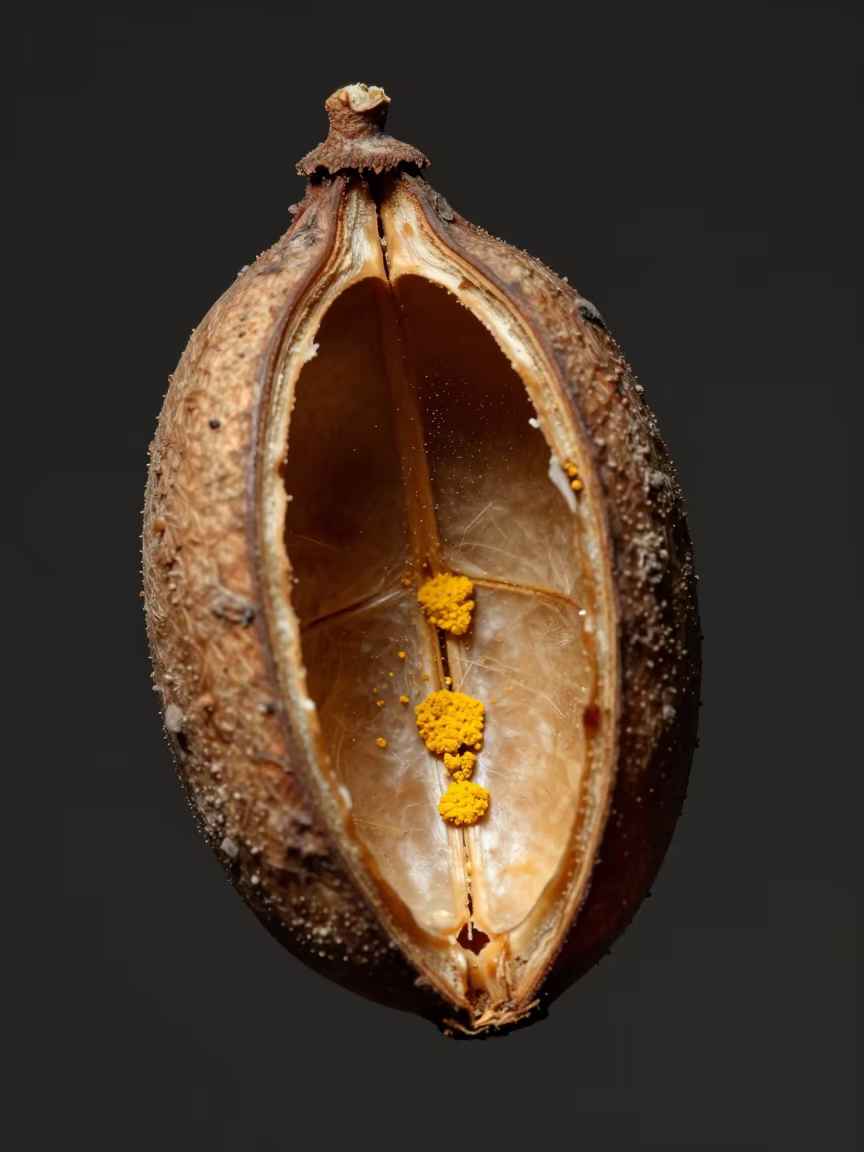 Magnified Bark Fissure with Pollen Dust in Seed Pod in inside a seed pod split open in Dąbrowa Górnicza