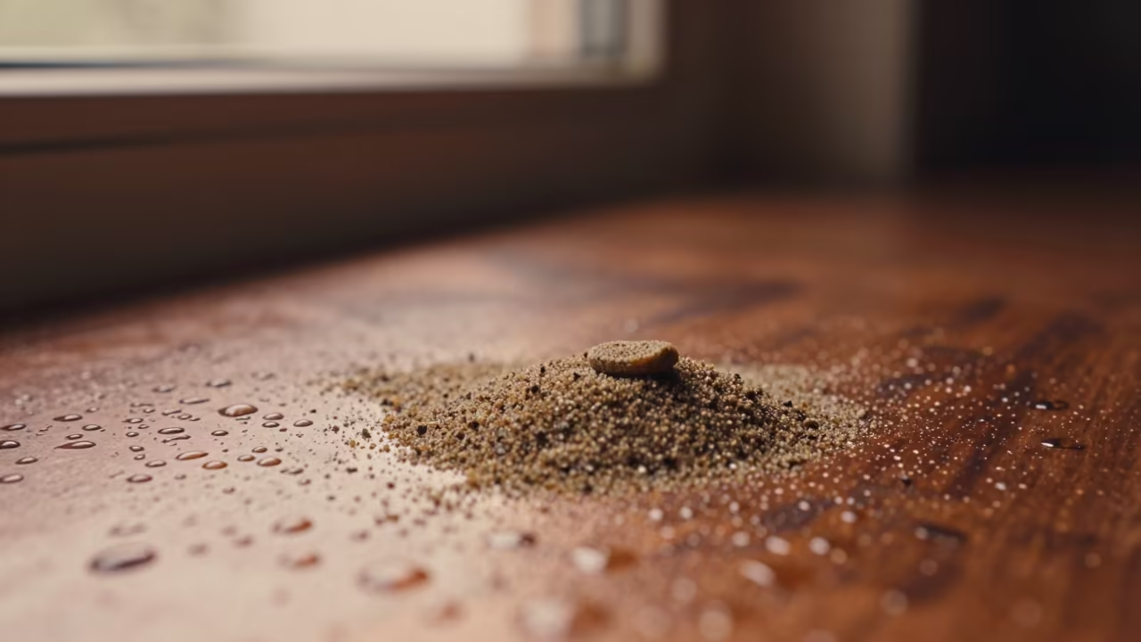 Magnified Beach Sand Grain on Rain Beaded Metal in across a rain-beaded metal surface in Durban
