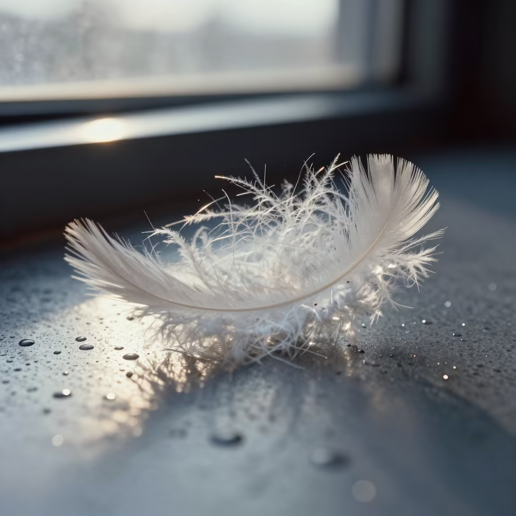 Magnified Feather Down on Rain Beaded Metal Tabora in across a rain-beaded metal surface in Tabora