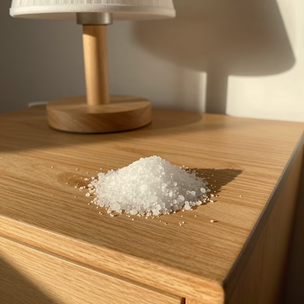 Magnified Salt Crystal on Cork Nightstand in on a bedside table near Cork