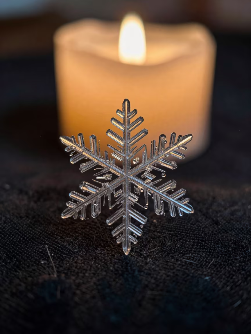 Magnified Snowflake Crystal on Dark Fabric in inside a seed pod split open in Daule