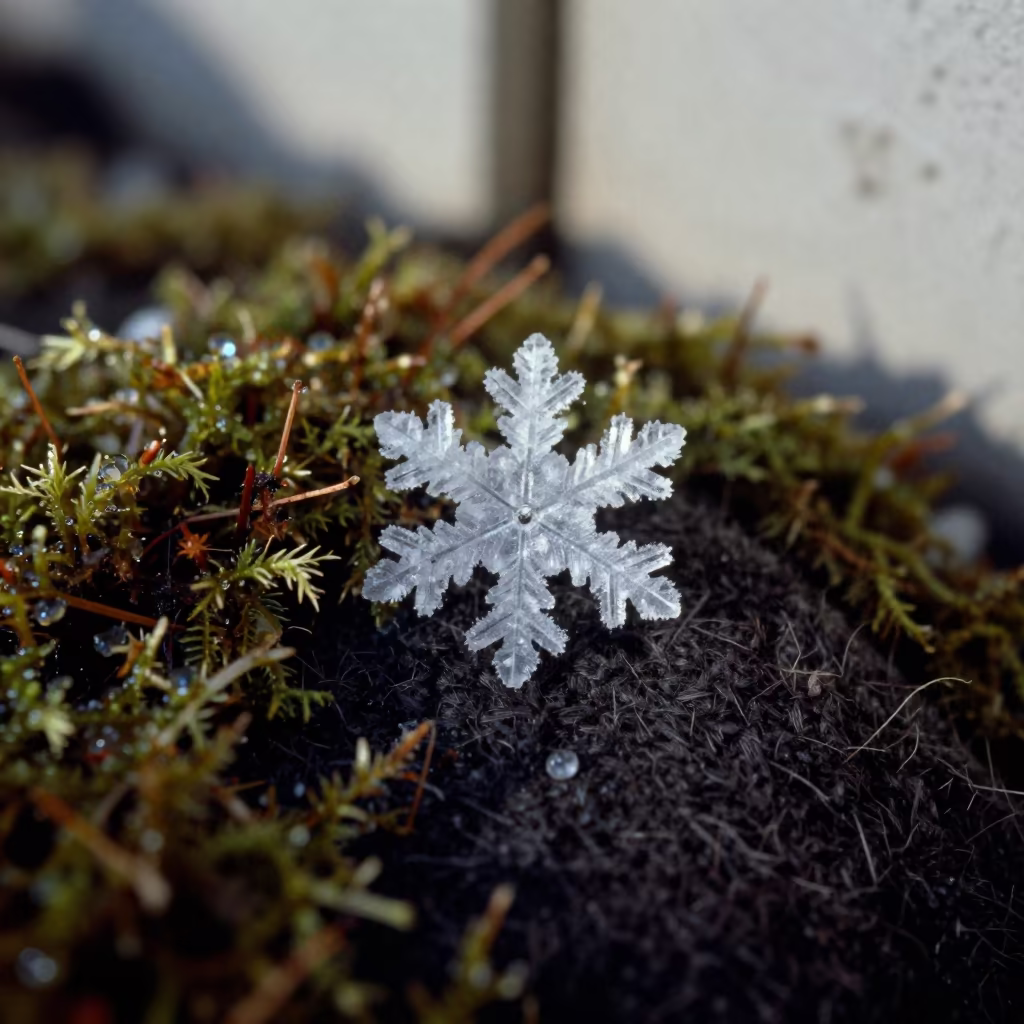 Magnified Snowflake Crystal on Dark Wool in on dew-soaked moss near Sendai