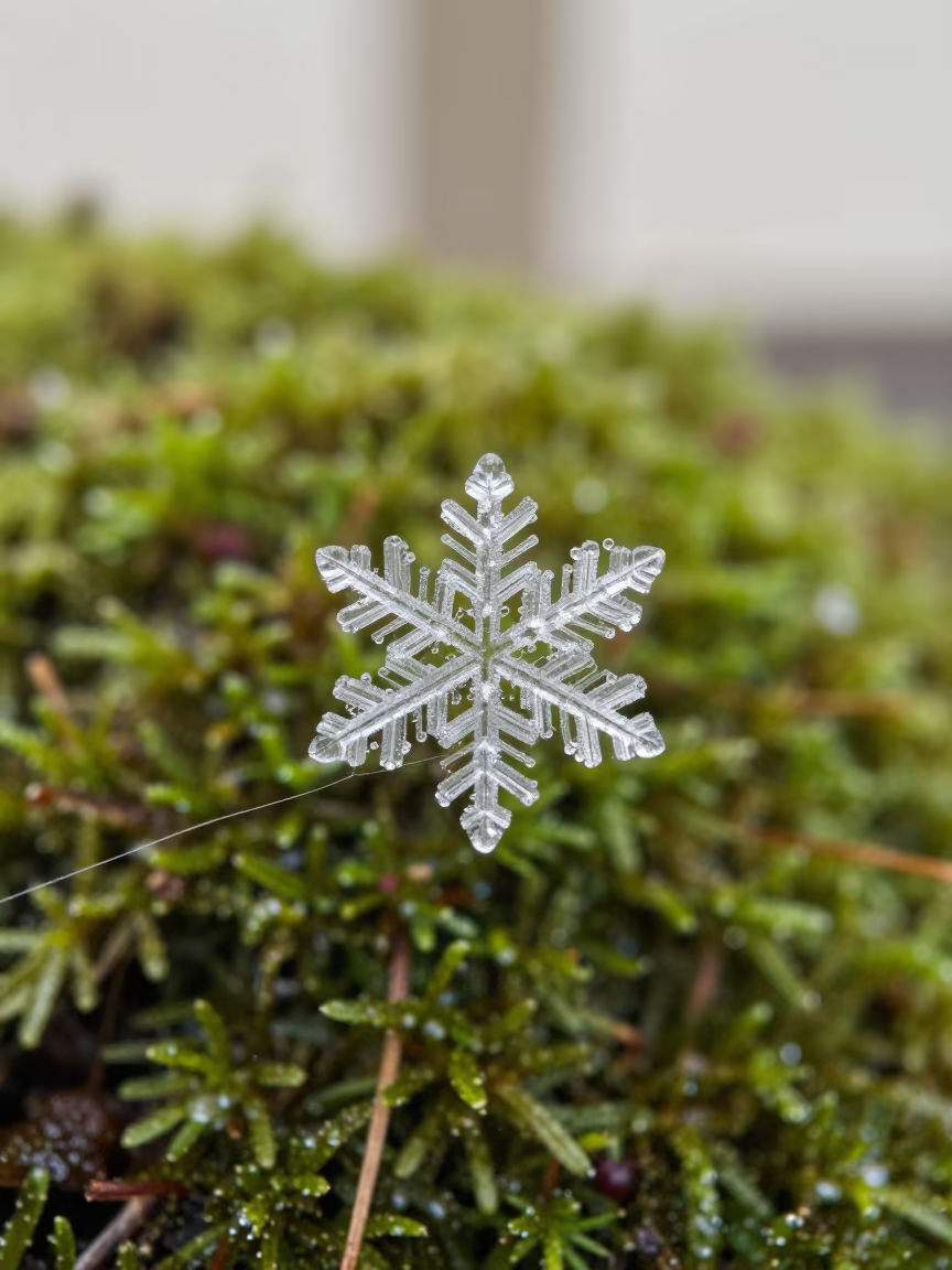 Magnified Snowflake on Moss Fiber in Zoetermeer in on dew-soaked moss in Zoetermeer