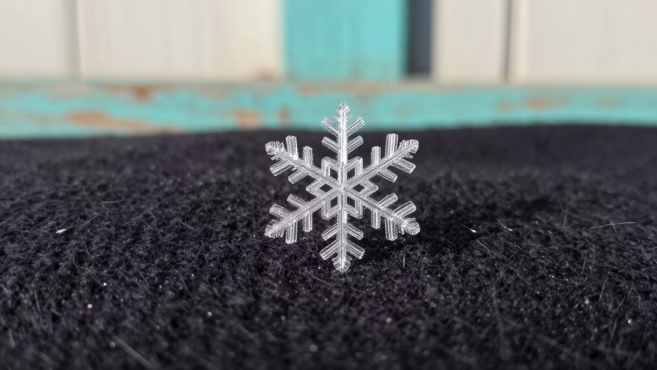 Magnified Snowflake on Turquoise Wool Kampala in against weathered turquoise paint in Kampala