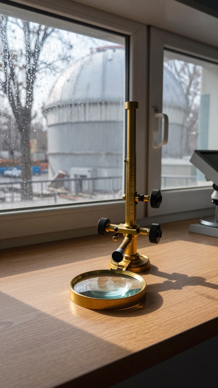 Magnifying Glass on Oak Lab Bench in Beijing Observatory in inside an observatory control room in Qianmen, Beijing