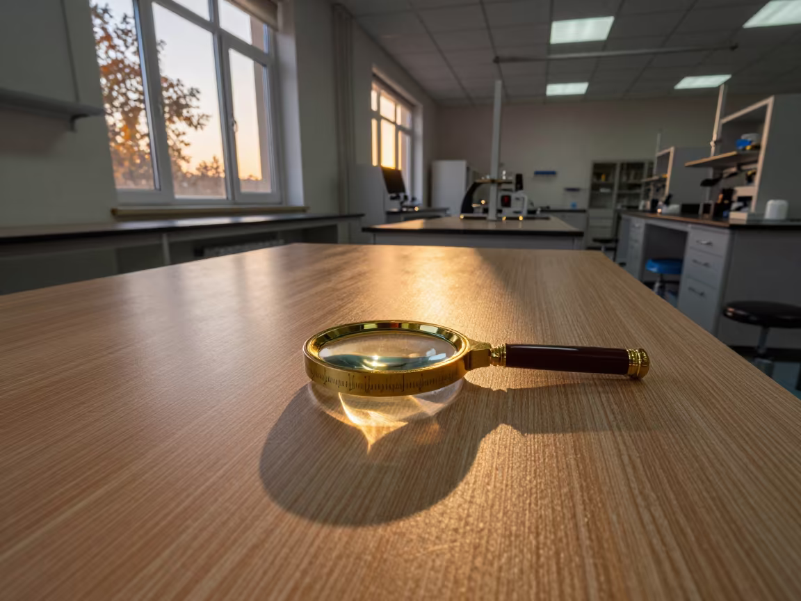 Magnifying Glass on Oak Lab Bench at Sunset in inside a clean room near Ahvaz