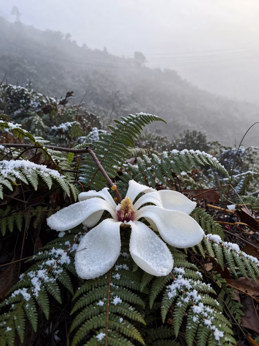 Magnolia Branch in Dawn Light Amid Falling Snow in on a fern-lined forest floor in Arunachal Pradesh
