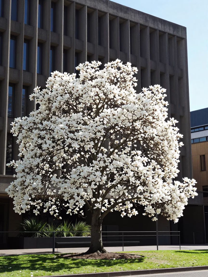 Magnolia Tree in Bloom Outside Brutalist University Building in Sydney Midday in in Sydney, New South Wales, Australia