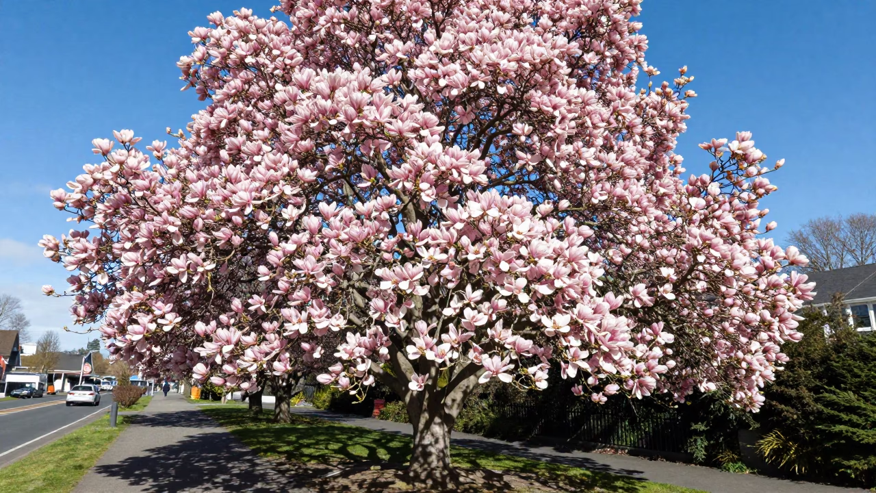 Magnolia Tree in Full Bloom Along Christchurch Riverside Path in Bright Midmorning Light in in Christchurch, New Zealand