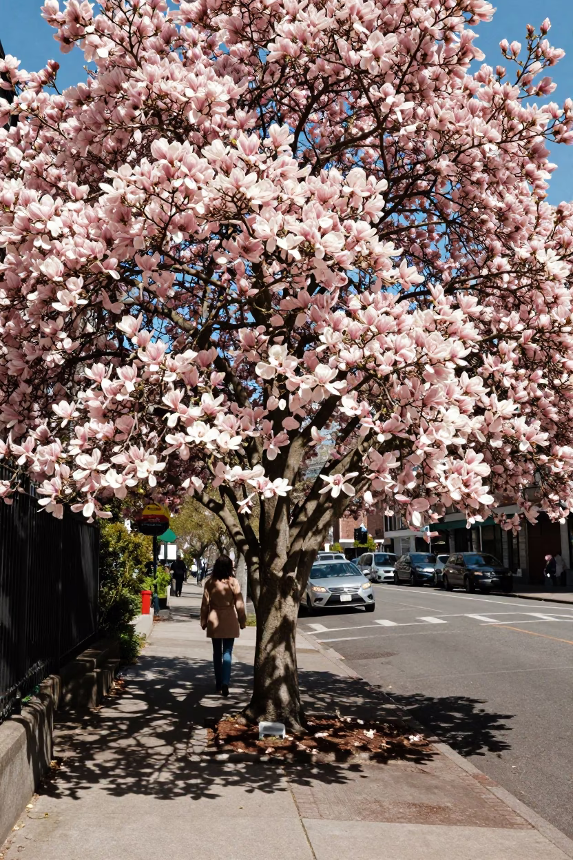 Magnolia Tree in Full Bloom Along Portland Oregon Midday Street Scene in in Portland, Oregon, United States