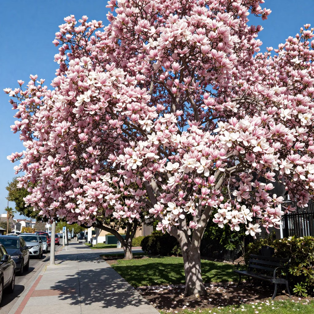 Magnolia tree in full pink and white bloom casting shadows on San Diego sidewalk in in San Diego, California, United States