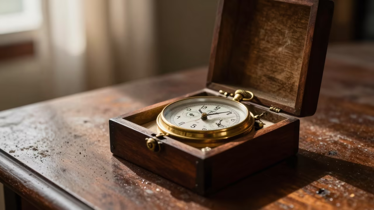 Mahogany Chronometer Box on Library Table in on a dusty library table near Huacho