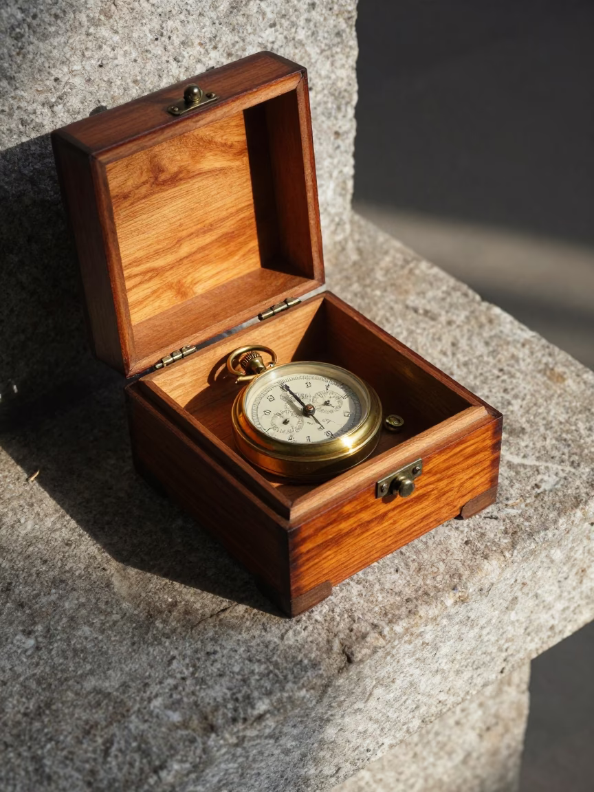 Mahogany Chronometer Box on Stone Ledge in on a stone ledge near Konya