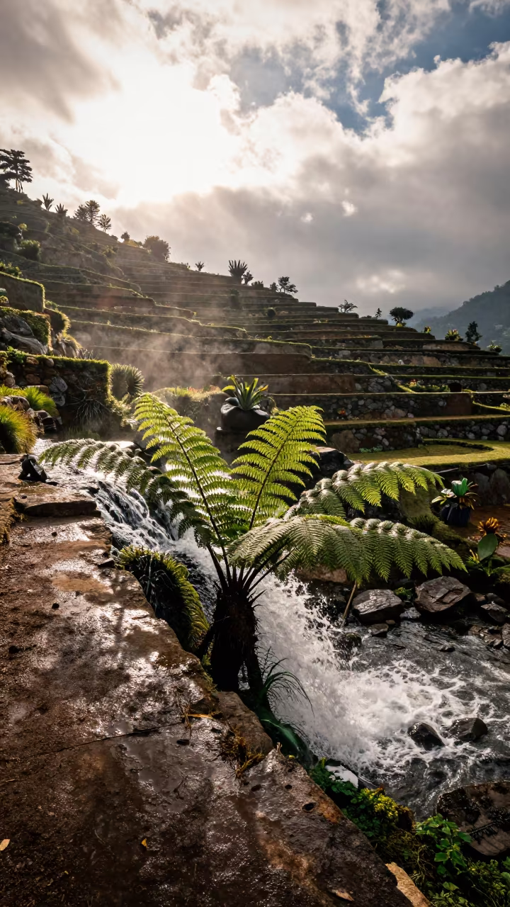 Maidenhair Fern by Waterfall in Uttarakhand Terraces in among terraced garden plots in Uttarakhand