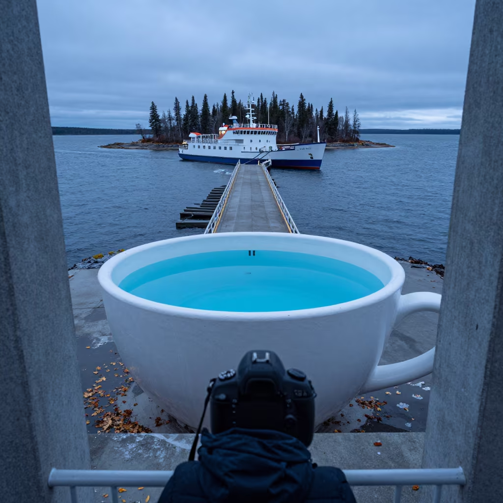 Mail Boat Arrives at Winter Island in along a switchback approach in Northwest Territories