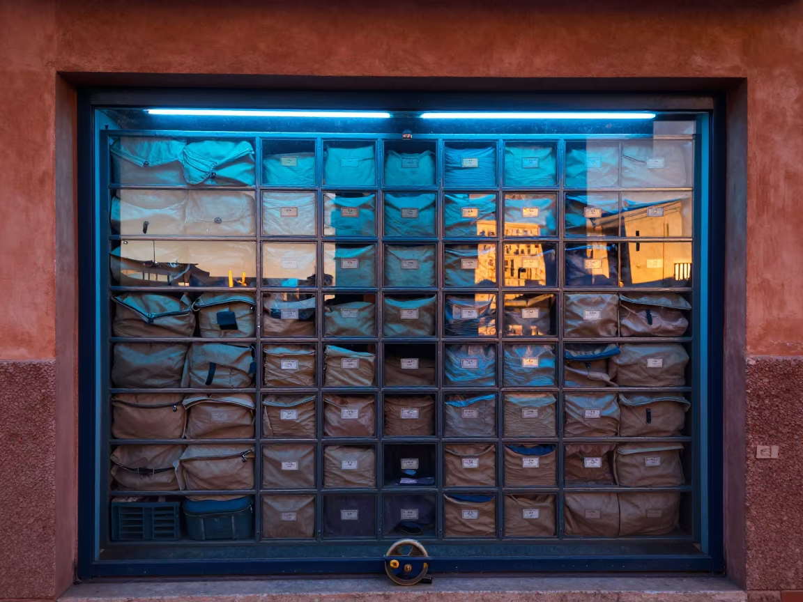 Mail Cage Route Sacks Blue Hour Dispatch in inside a dispatch office above the dock in Marrakech