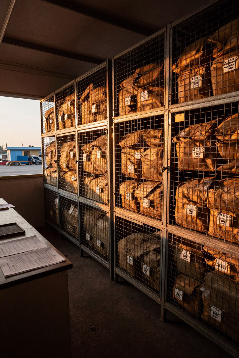 Mail Cages with Route Sacks After Cutoff in inside a dispatch office above the dock in Ikeja