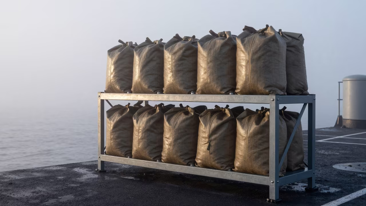 Mail Hold Shelf on Naval Deck in Winter Mist in on a naval deck in rough wind in Wyoming