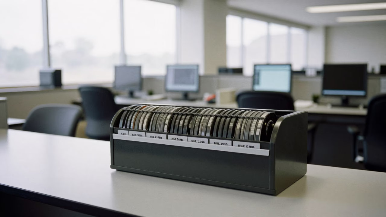 Mail Meter Ink Bin in Barrie Office Window Light in in an operations center under monitor glow in Barrie