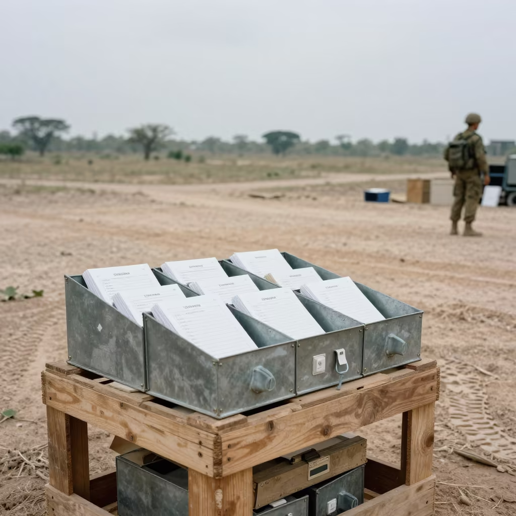 Mail Redirect Tray on Crate at Carora Convoy Halt in beside a convoy halt on open ground in Carora