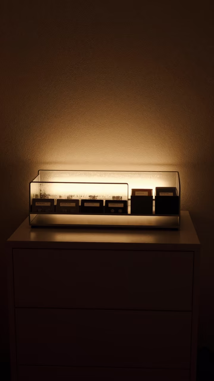 Mail Sorter Desk Organizer in Predawn Hotel Room in on a hotel dresser in Patras