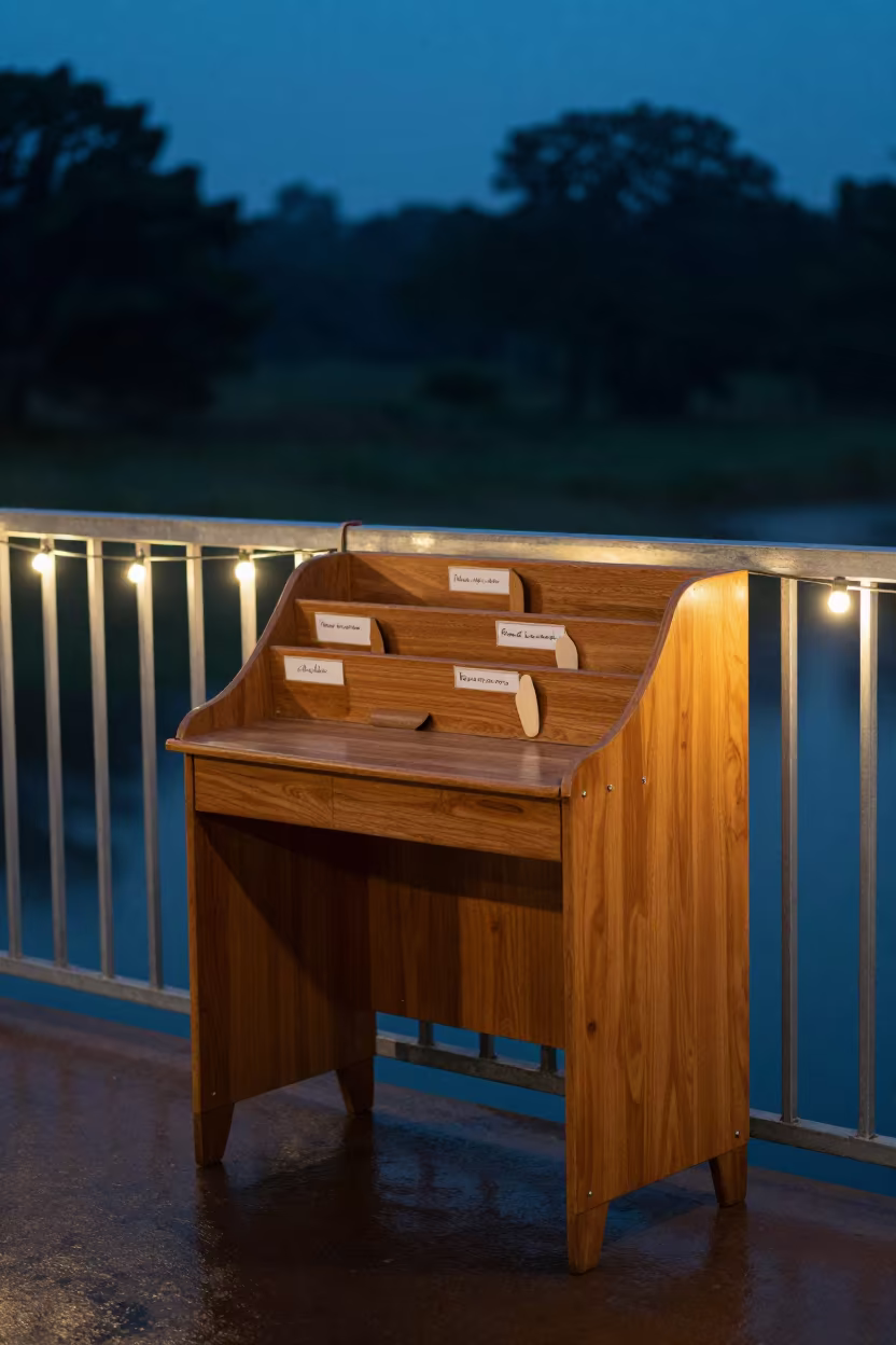 Mail Sorter on Pier Desk at Blue Hour in on a pier railing near Juba