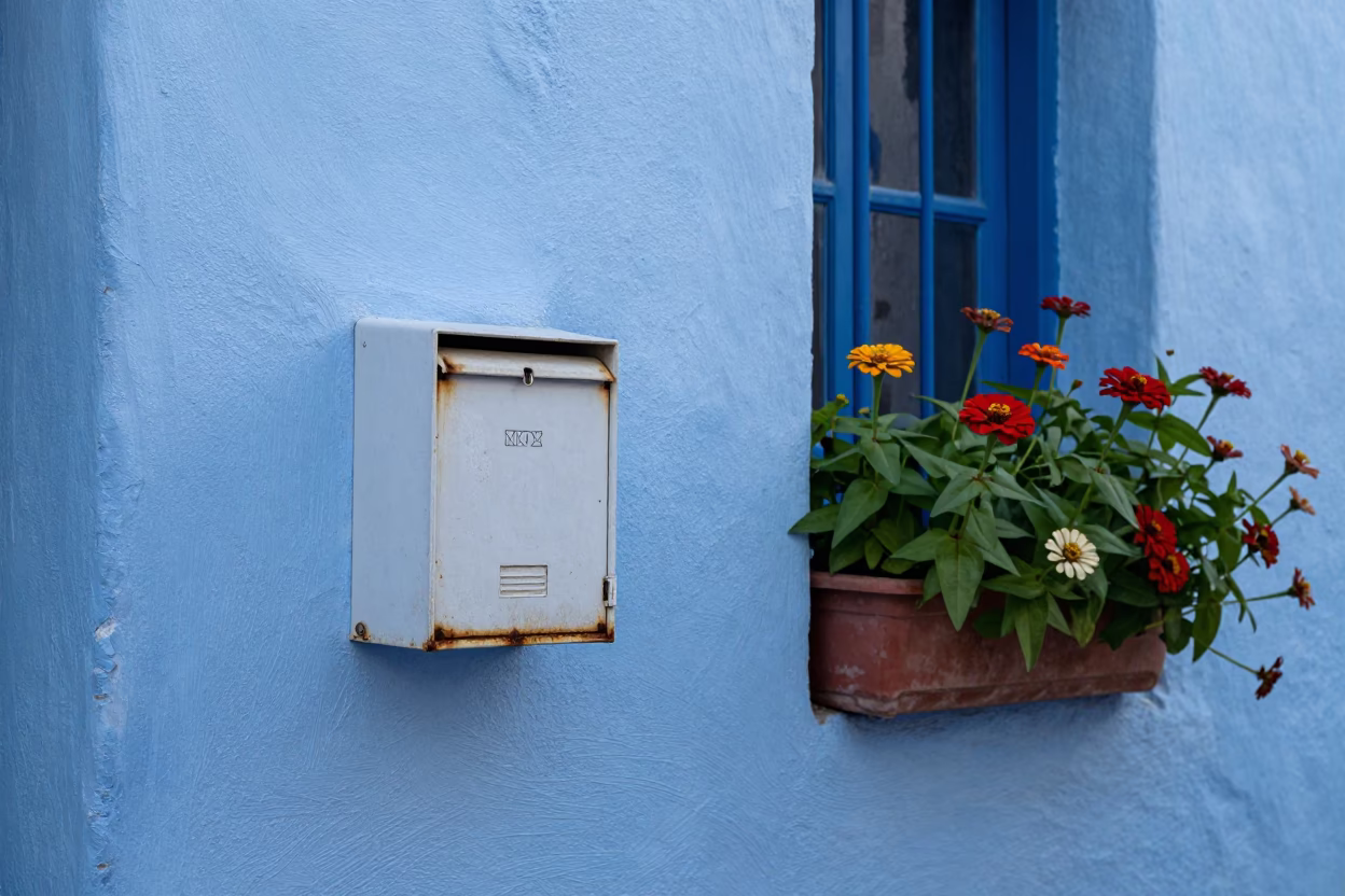 Mailbox And Zinnias in Tunis in in Tunis, Tunisia