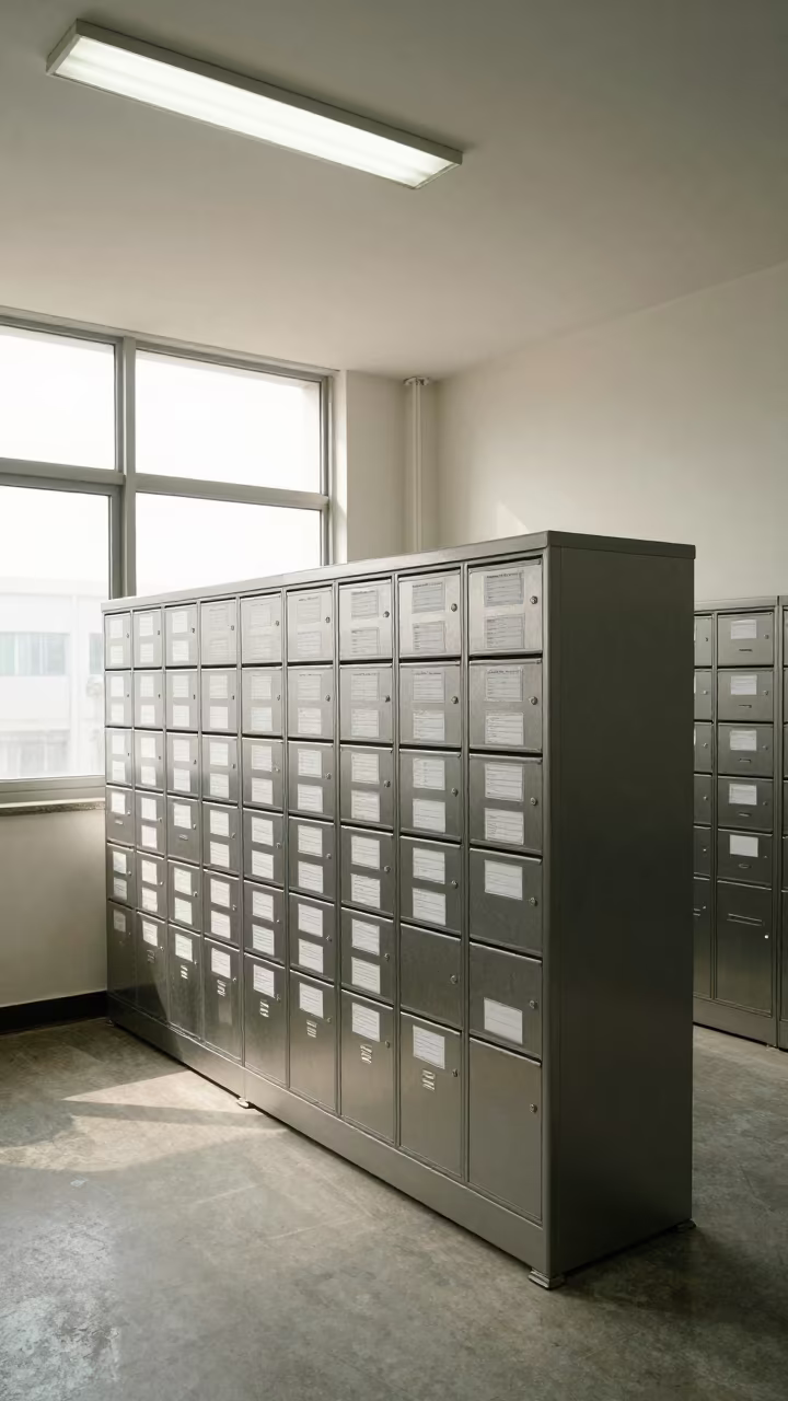 Mailroom Label Stand in Fuzhou Office Bay in inside an open-plan office bay in Fuzhou