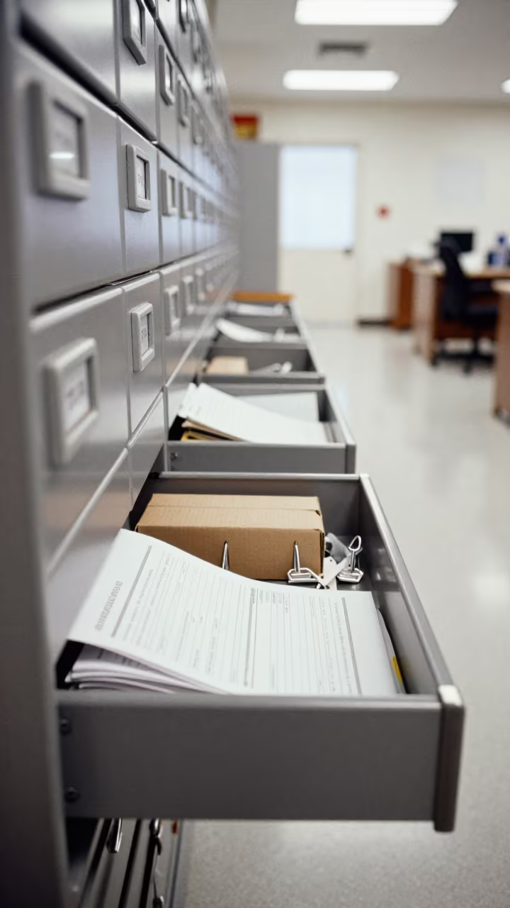 Mailroom Meter Refill Drawer with Forms in inside an open-plan office bay near Albuquerque