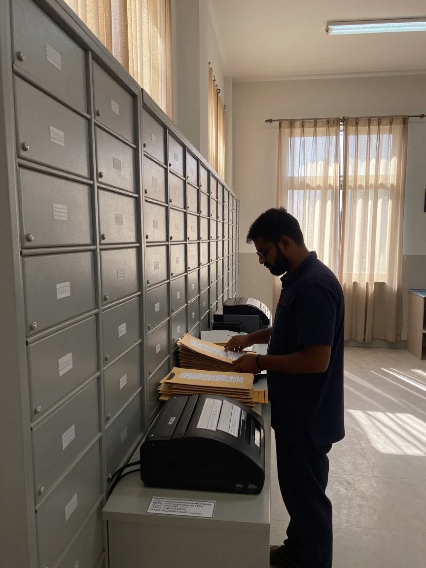Mailroom Parcel Station in Quiet Midday Office in in an operations center under monitor glow near Khanewal