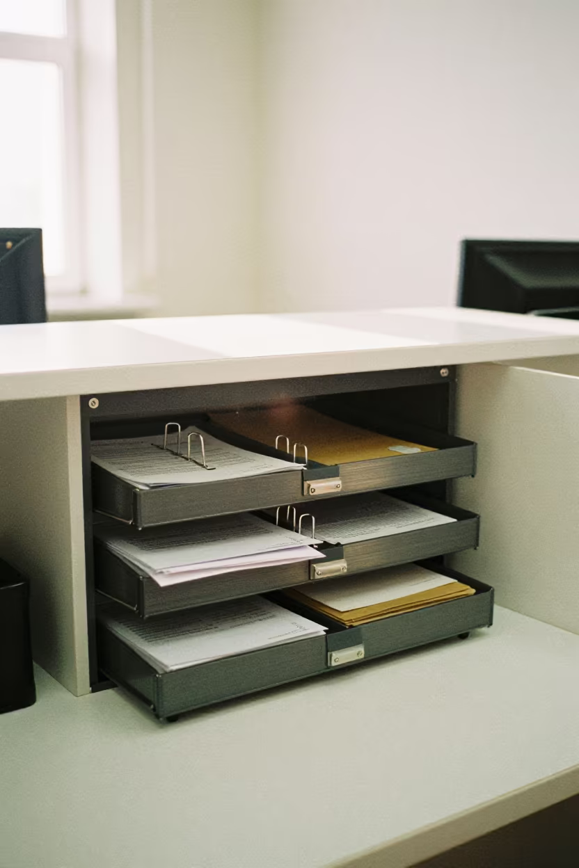 Mailroom Refill Drawer in Yekaterinburg Office in at an office reception desk in Yekaterinburg