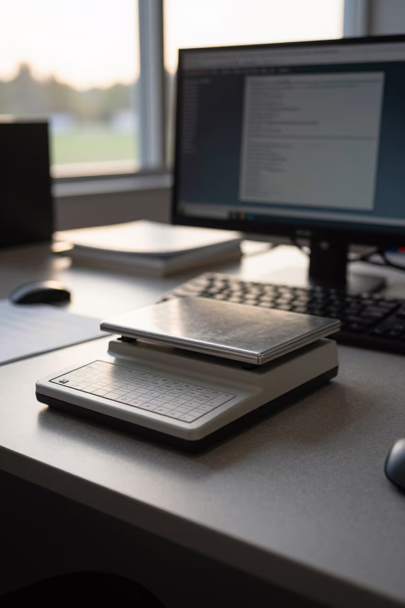 Mailroom Scale Pad in Stamford Office at Golden Hour in in an operations center under monitor glow in Stamford