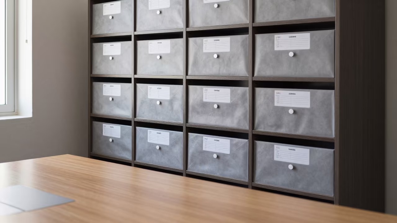Mailroom Shelf Before Rush in Puebla Boardroom in at a boardroom table before a meeting near Puebla