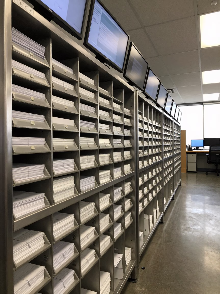 Mailroom Shelf With Padded Mailers in Sydney in in an operations center under monitor glow near Surry Hills, Sydney
