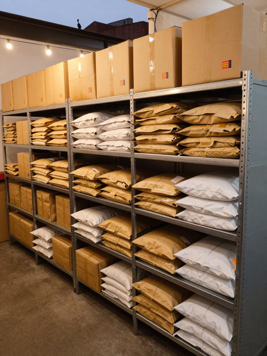 Mailroom Shelving with Padded Envelopes in inside a cross-dock lane near Campinas