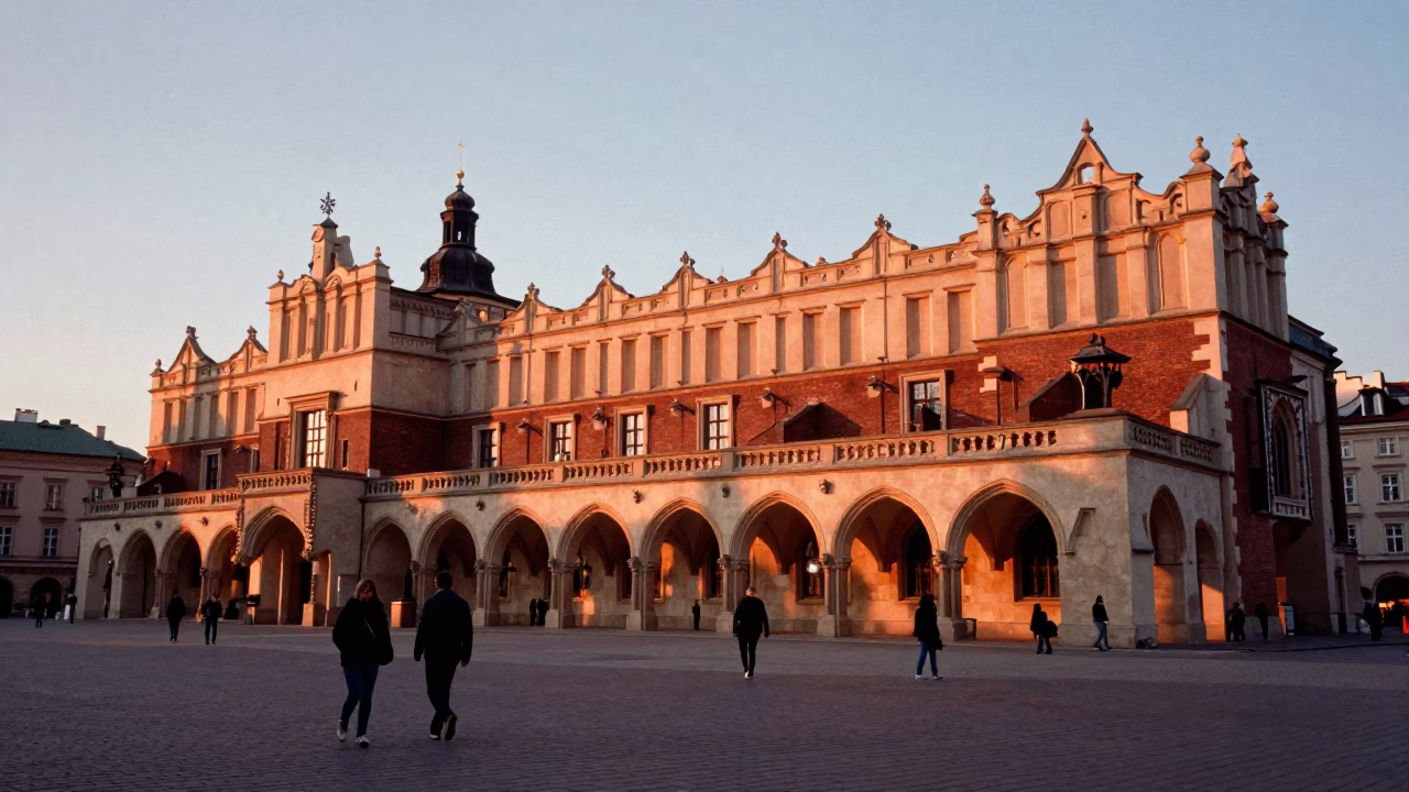 Main Market Square in Krakow at Copper-toned Light Before Dusk in in Krakow, Poland