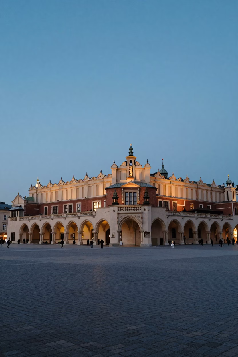 Main Market Square in Krakow at Twilight in in Krakow, Poland