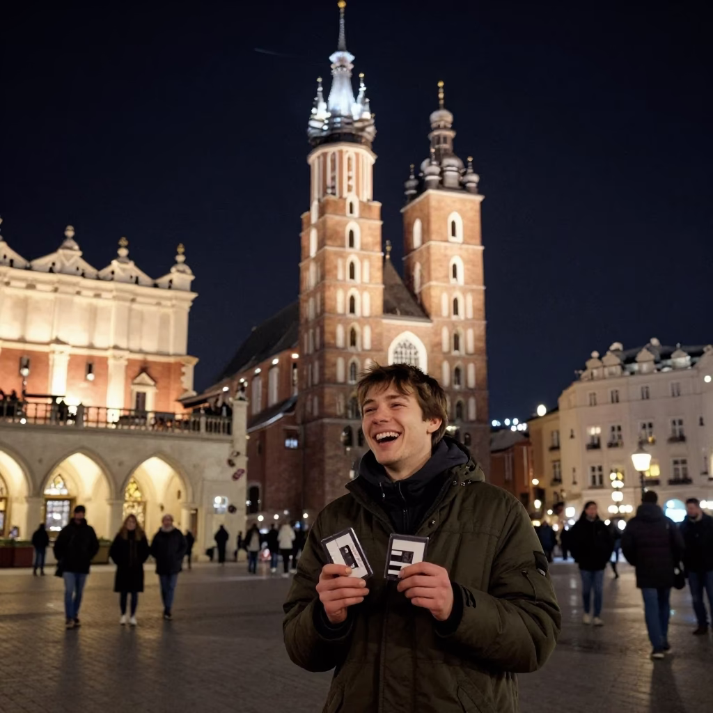 Main Square in Krakow at The Deepest Night Sky Light in in Krakow, Poland