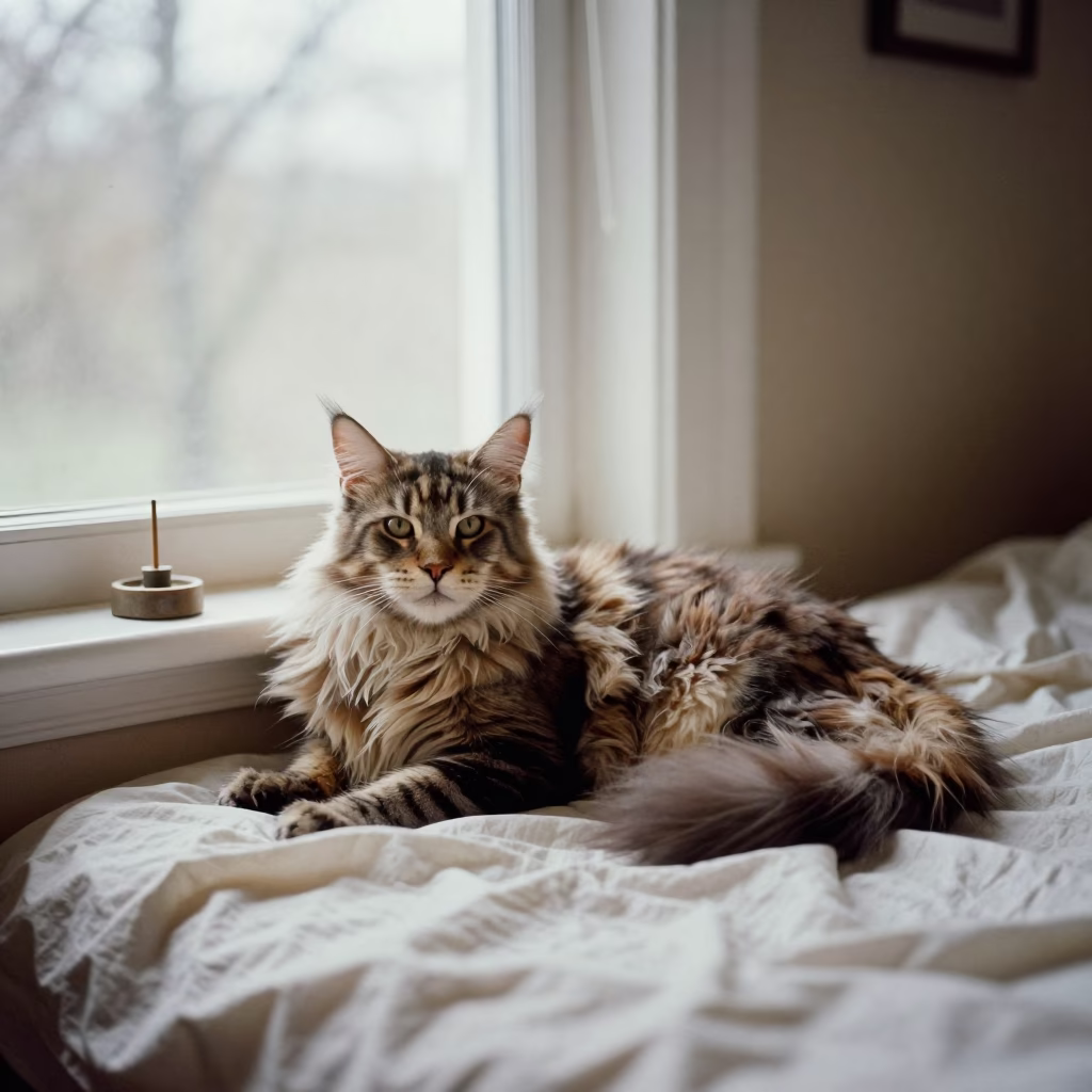 Maine Coon Cat Lounging by Window in Harbin in on a bedspread near a bright window with calm indoor light in Harbin