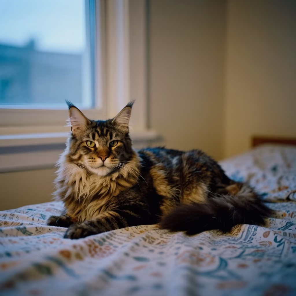 Maine Coon Cat Lounging on Bedspread Near Window in on a bedspread near a bright window with calm indoor light near Hanoi