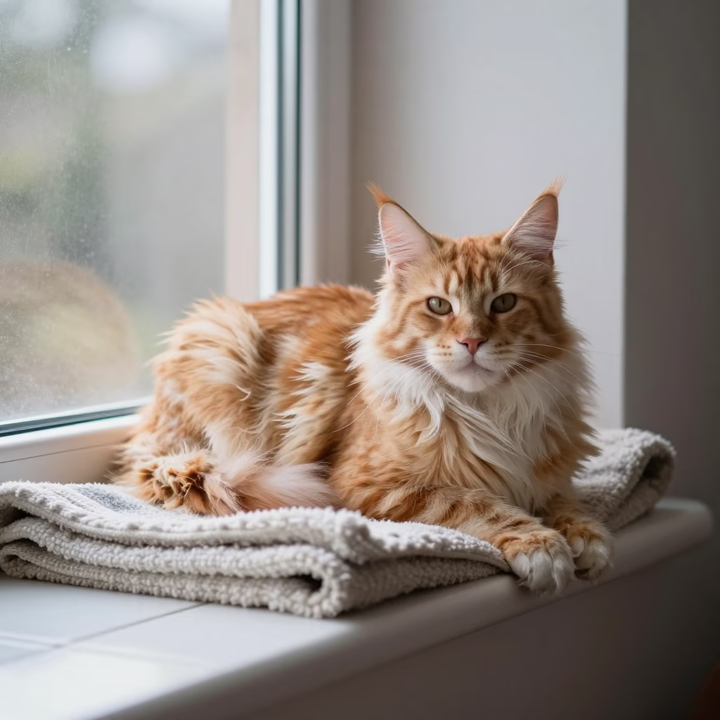 Maine Coon Cat Lounging on Wellington Window Seat in on a window seat in a quiet apartment with soft side light in Te Aro, Wellington
