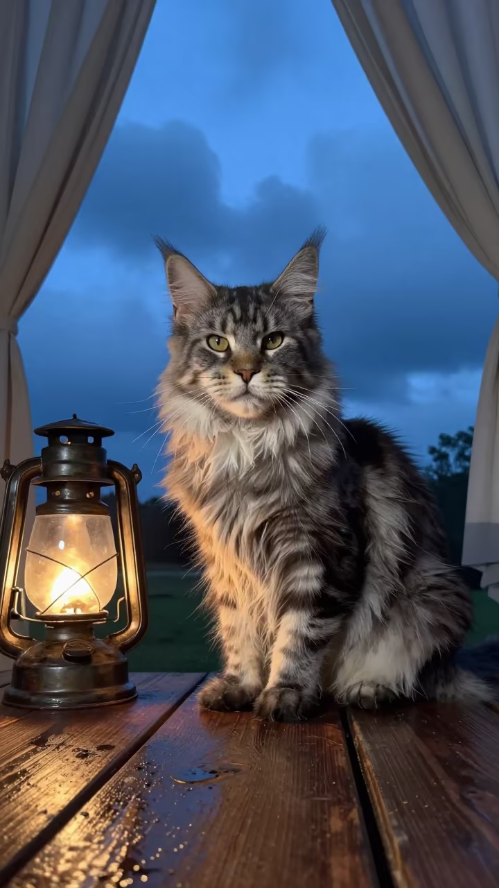 Maine Coon Cat on Shaded Porch at Twilight in on a shaded front porch with boards, railings, and eye-level framing near N'dalatando