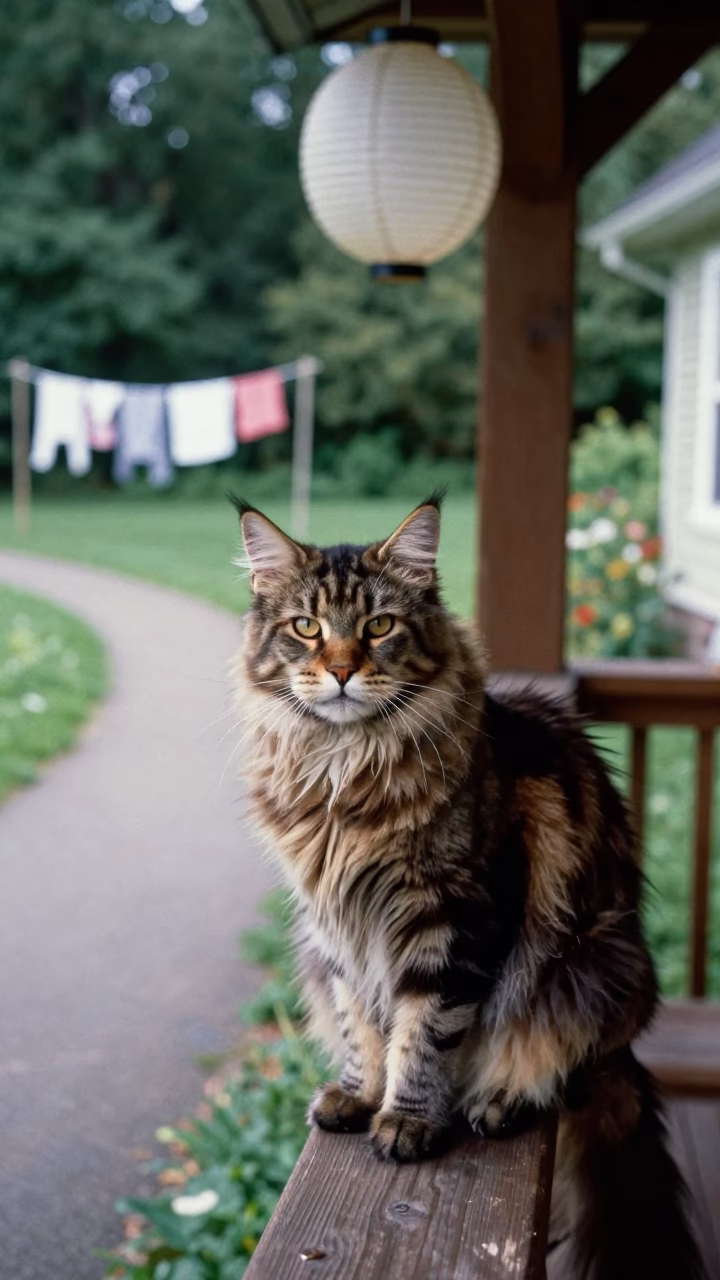 Maine Coon Cat on Shaded Porch in Ferkessedougou in along a quiet park path with soft open shade and a clean background in Ferkessédougou