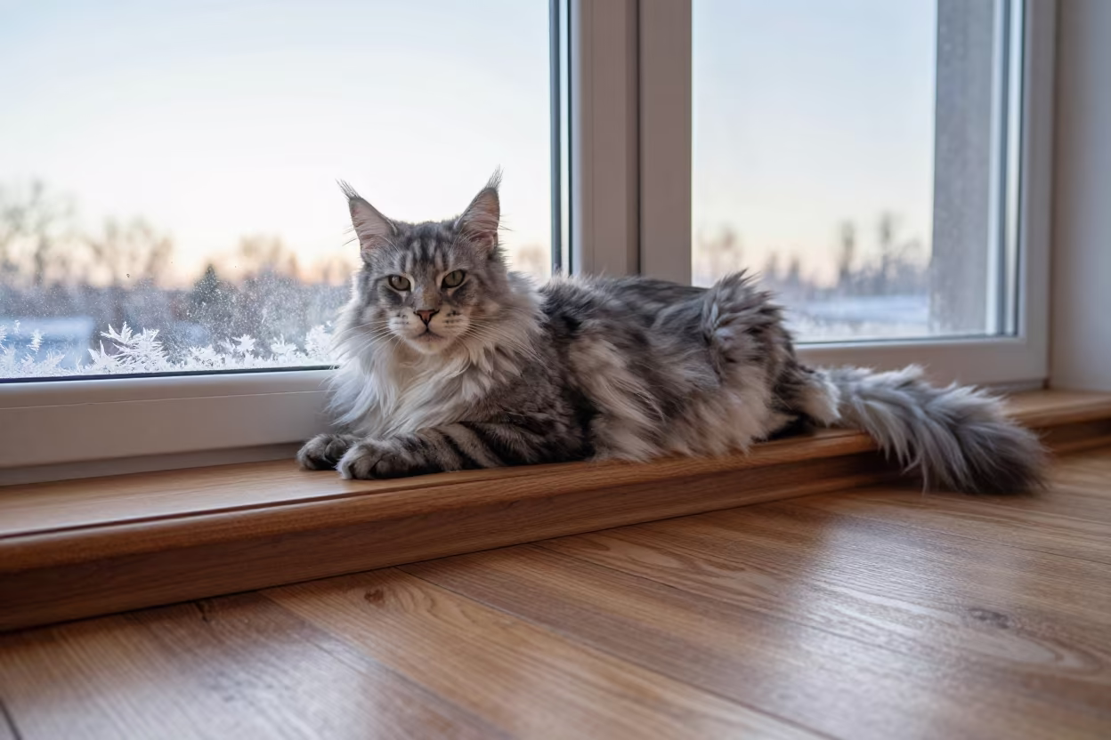 Maine Coon Cat on Window Seat at Dawn in on a window seat in a quiet apartment with soft side light in Anyang