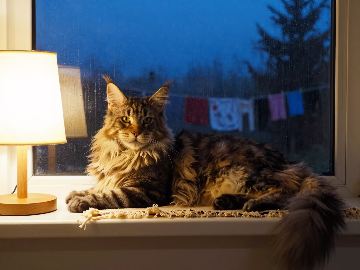 Maine Coon Cat on Window Seat at Night in on a window seat in a quiet apartment with soft side light near Lusaka