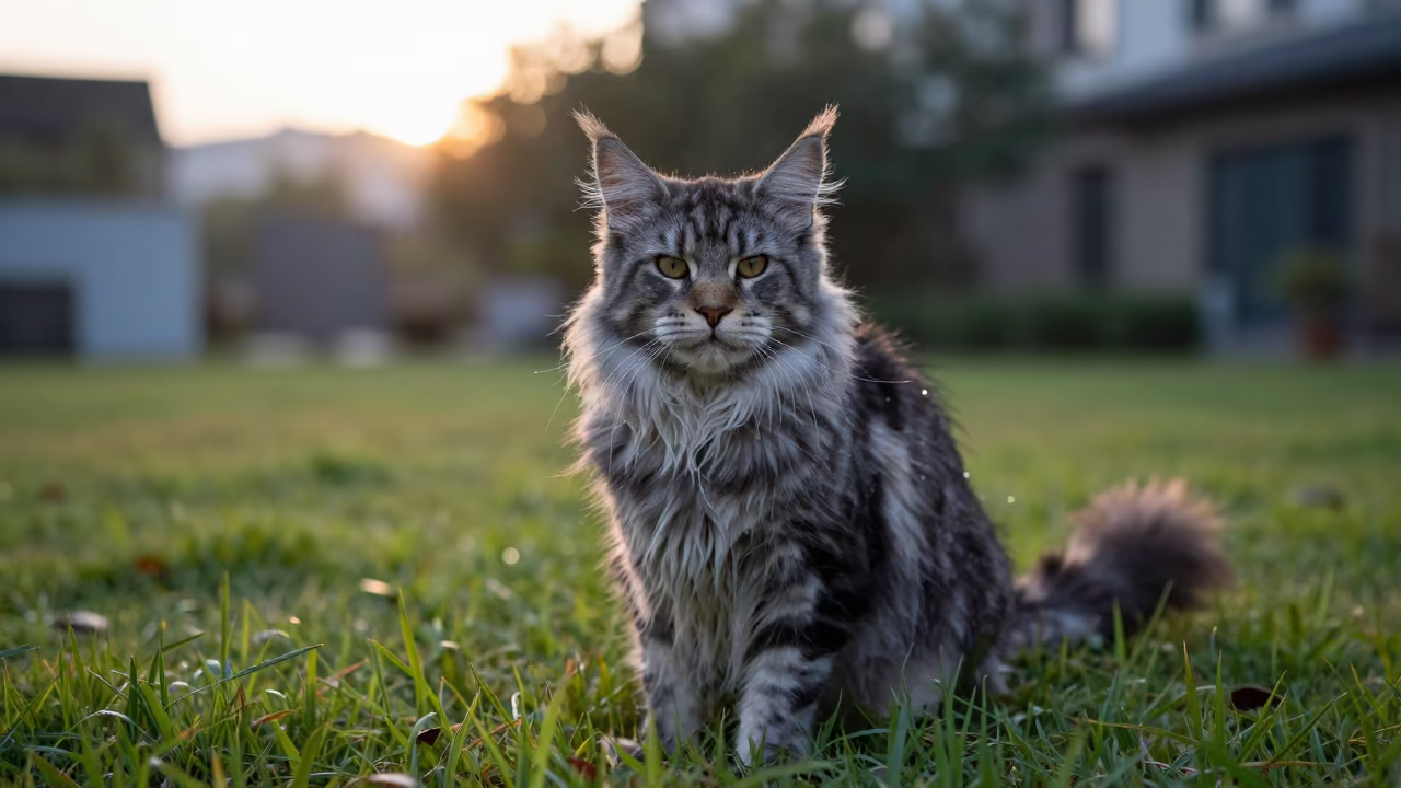 Maine Coon Cat Portrait In Shenzhen Garden in in a small yard with clipped grass, calm light, and the animal centered in frame near Shenzhen