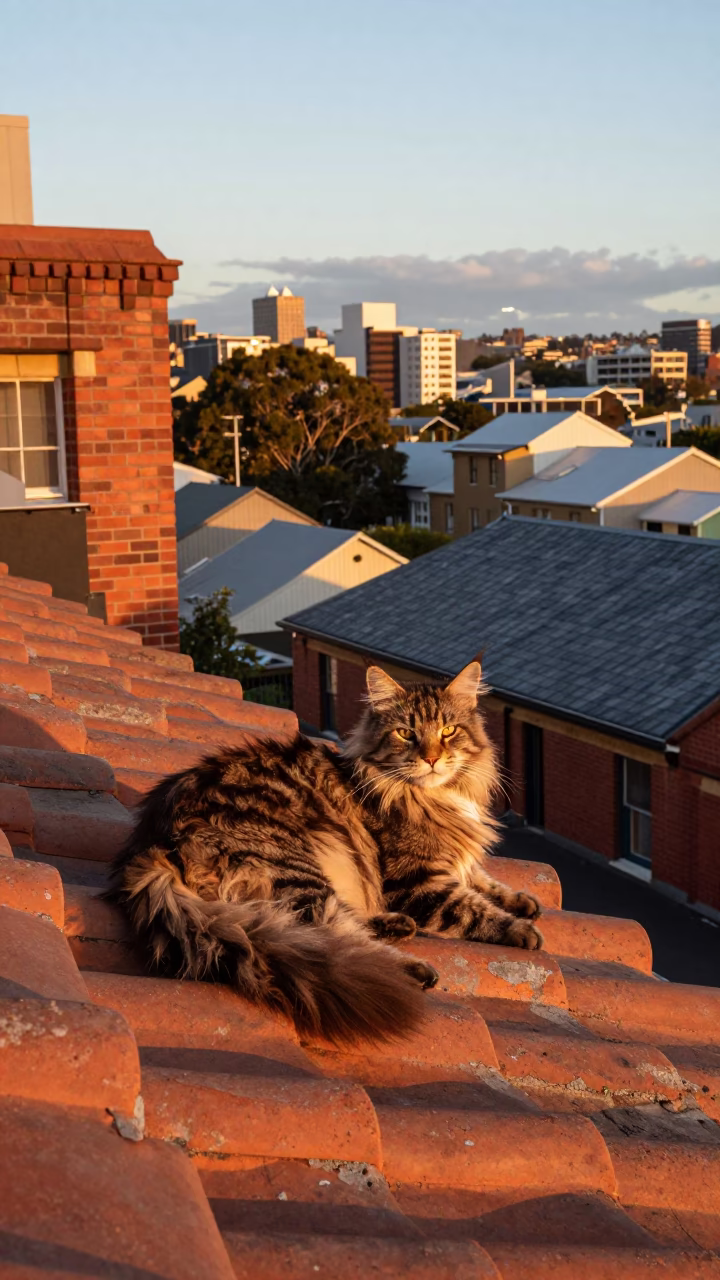 Maine Coon Cat Sunbathing on Hobart Rooftop During Golden Hour in Tasmania in in Hobart, Tasmania, Australia
