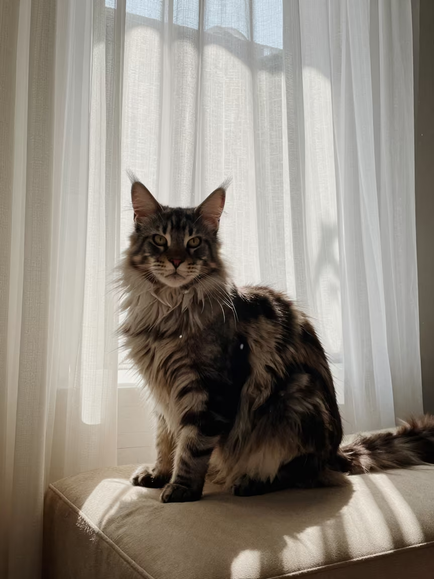 Maine Coon Polydactyl Cat in Recife Morning Light in on a sofa near a curtained window with calm indoor light in Recife